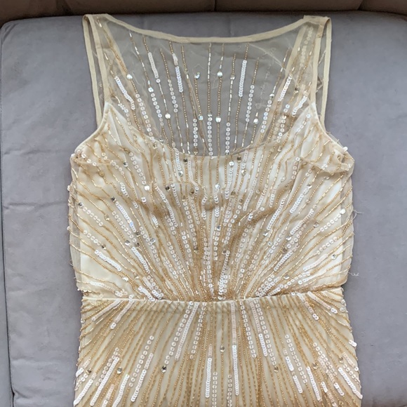 Aidan Mattox Champagne Gold Sunburst Illusion Neckline Gown Dress - Picture 6 of 14
